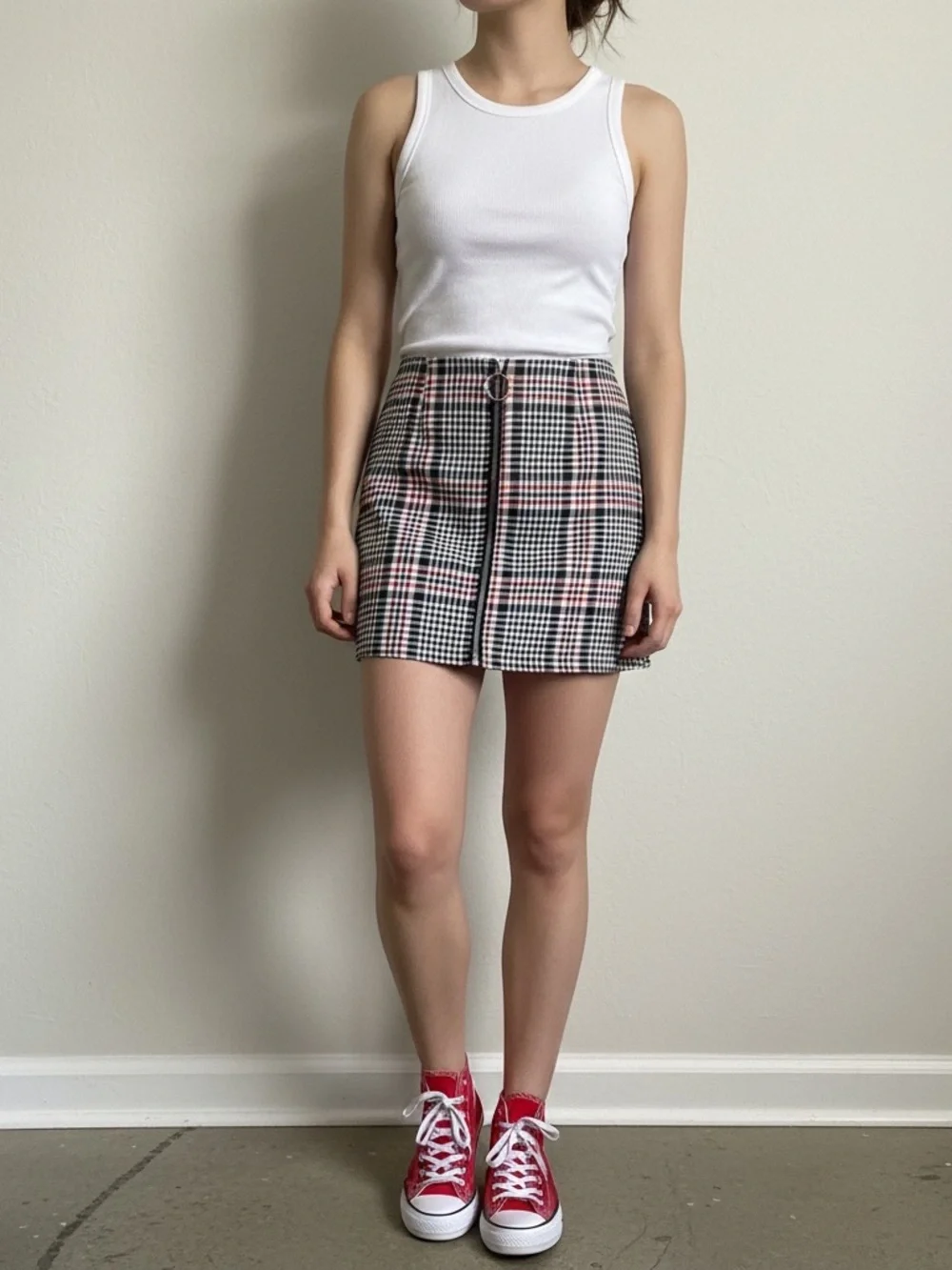 Plaid Mini Skirt with Front Zip - red/black